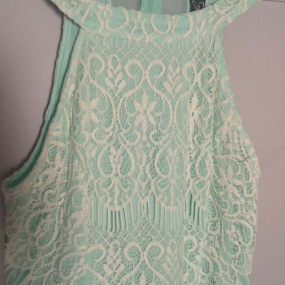Mint Green Formal Dress with White Lace Detailing - Picture 2 of 4